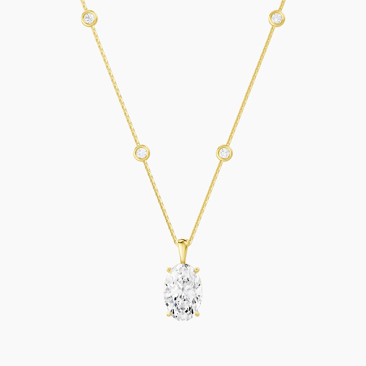 Hanging Solitaire with Sautoir | 18k Yellow Gold 3 ct White Lab Diamond Oval Pendant