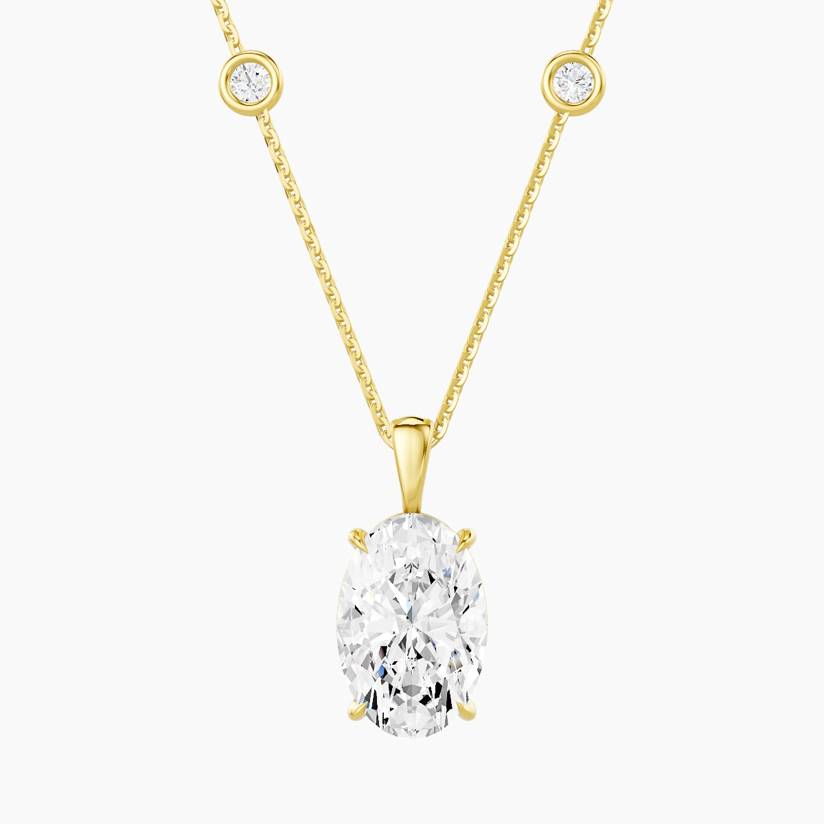 Hanging Solitaire with Sautoir | 18k Yellow Gold 3 ct White Lab Diamond Oval Pendant