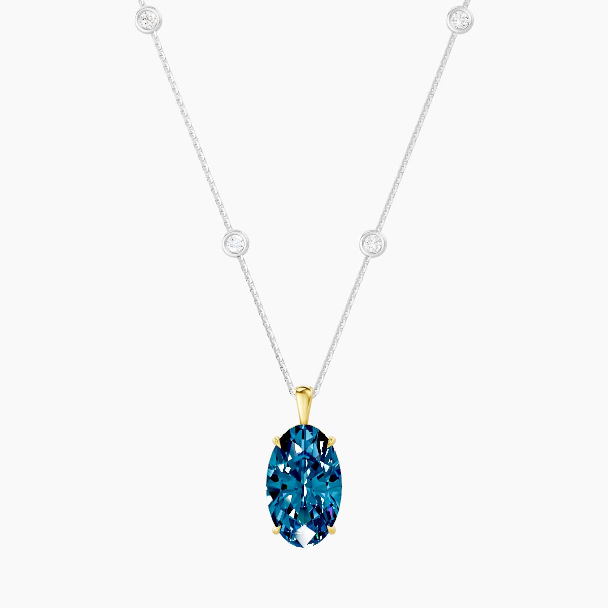 Hanging Solitaire with Sautoir | 18k White & Yellow Gold 5 ct Blue Lab Diamond Oval Pendant