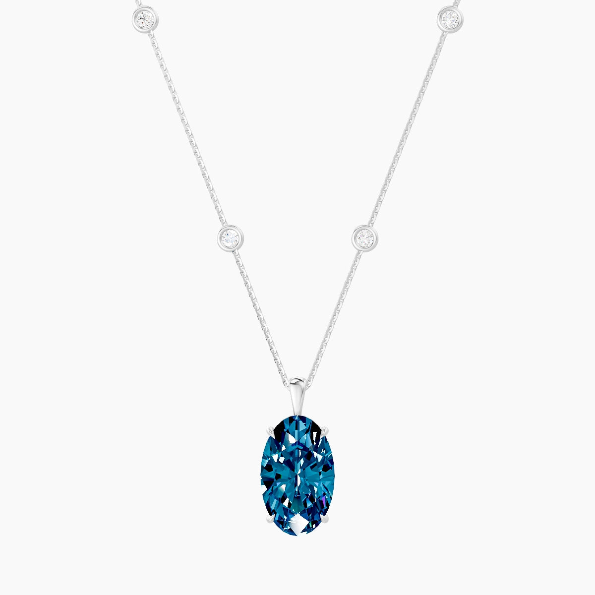 Hanging Solitaire with Sautoir | 18k White Gold 5 ct Blue Lab Diamond Oval Pendant