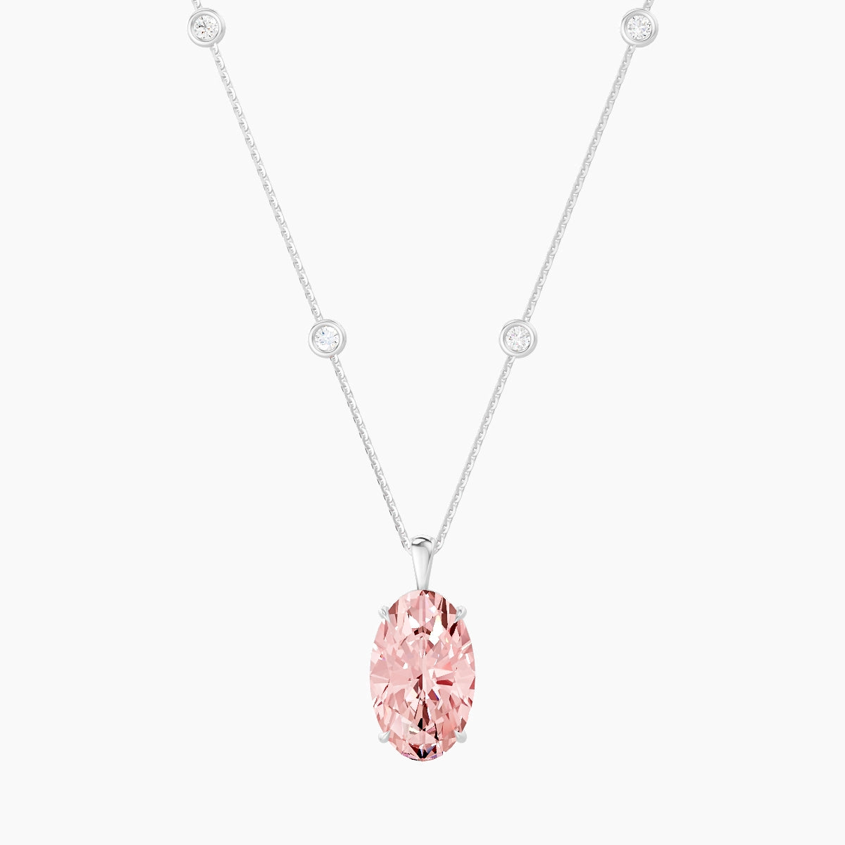 Hanging Solitaire with Sautoir | 18k White Gold 5 ct Pink Lab Diamond Oval Pendant