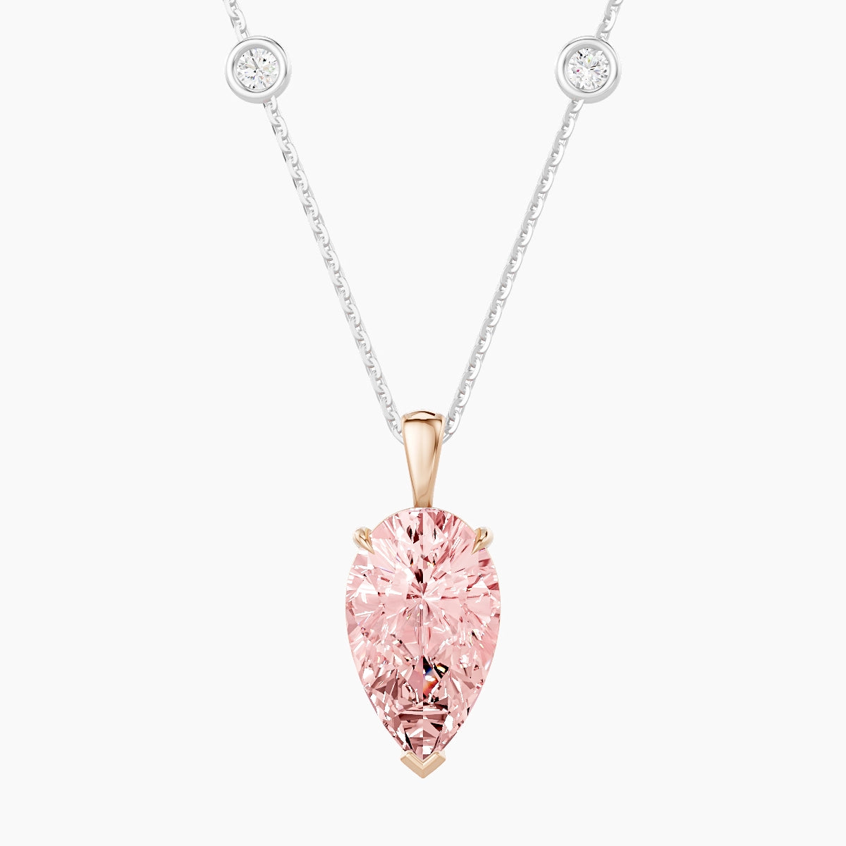 Hanging Solitaire with Sautoir | 18k White & Rose Gold 3 ct Pink Lab Diamond Pear Pendant