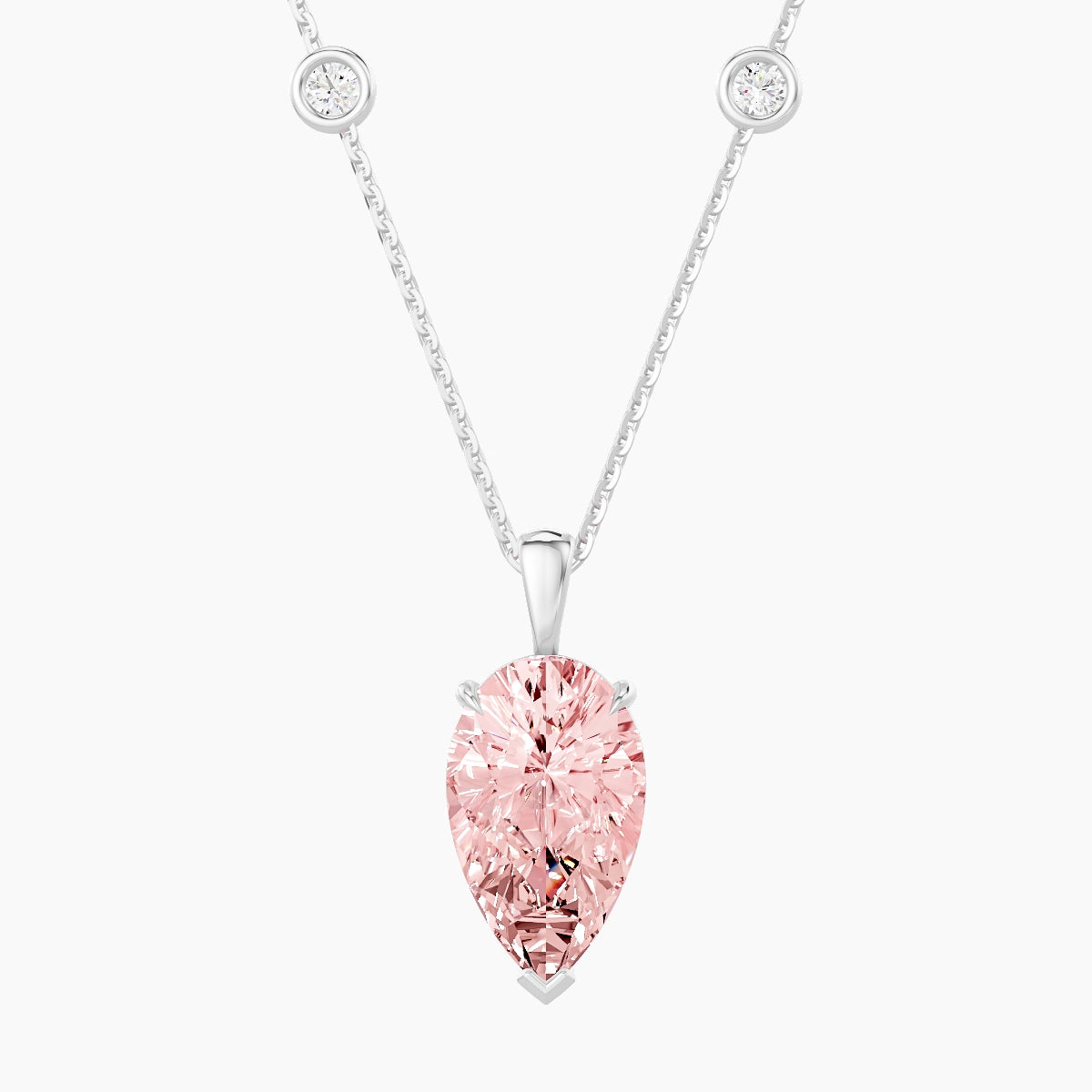 Hanging Solitaire with Sautoir | 18k White Gold 3 ct Pink Lab Diamond Pear Pendant