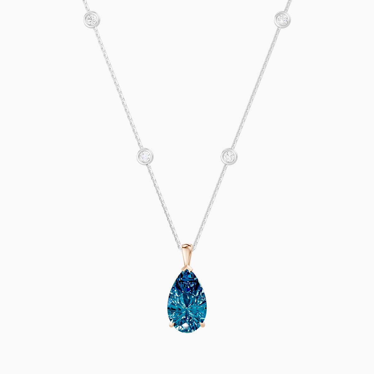 Hanging Solitaire with Sautoir | 18k White & Rose Gold 3 ct Blue Lab Diamond Pear Pendant