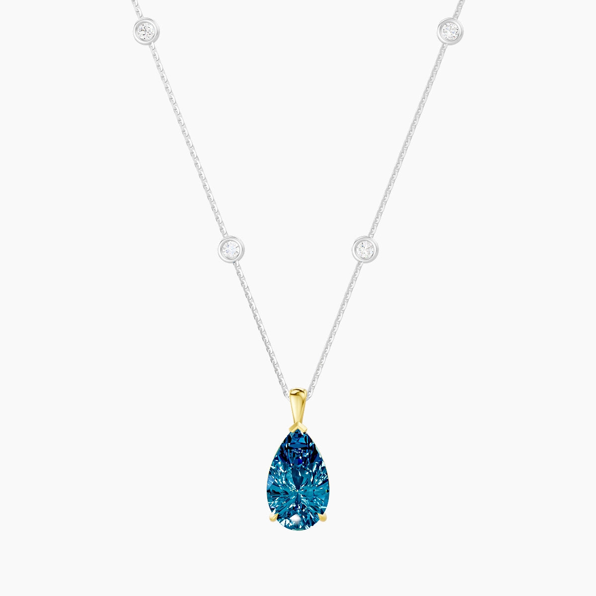 Hanging Solitaire with Sautoir | 18k White & Yellow Gold 3 ct Blue Lab Diamond Pear Pendant