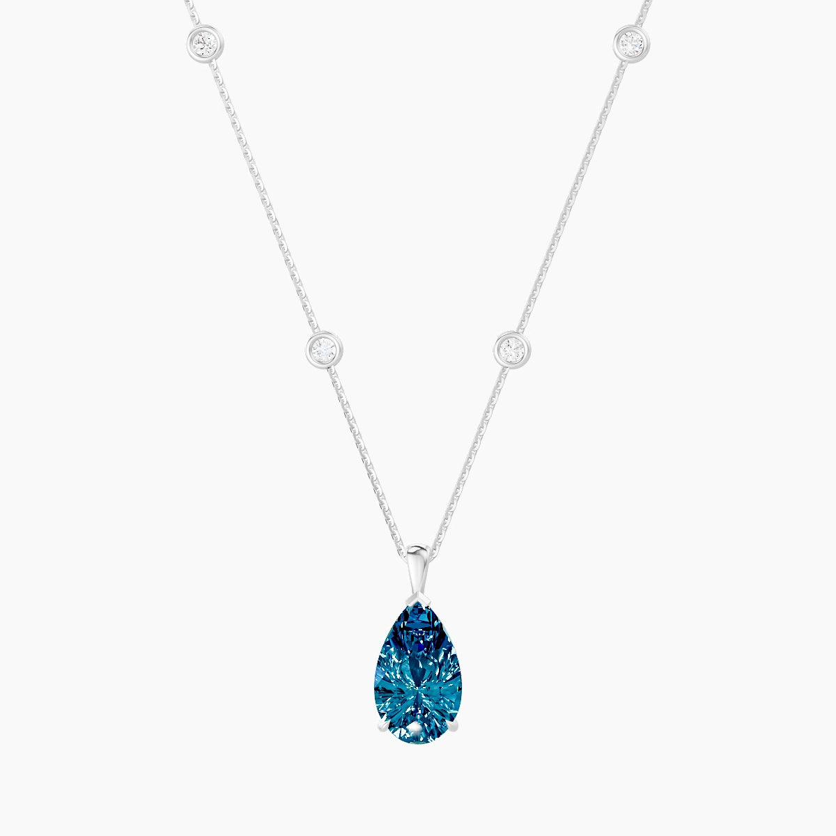 Hanging Solitaire with Sautoir | 18k White Gold 3 ct Blue Lab Diamond Pear Pendant