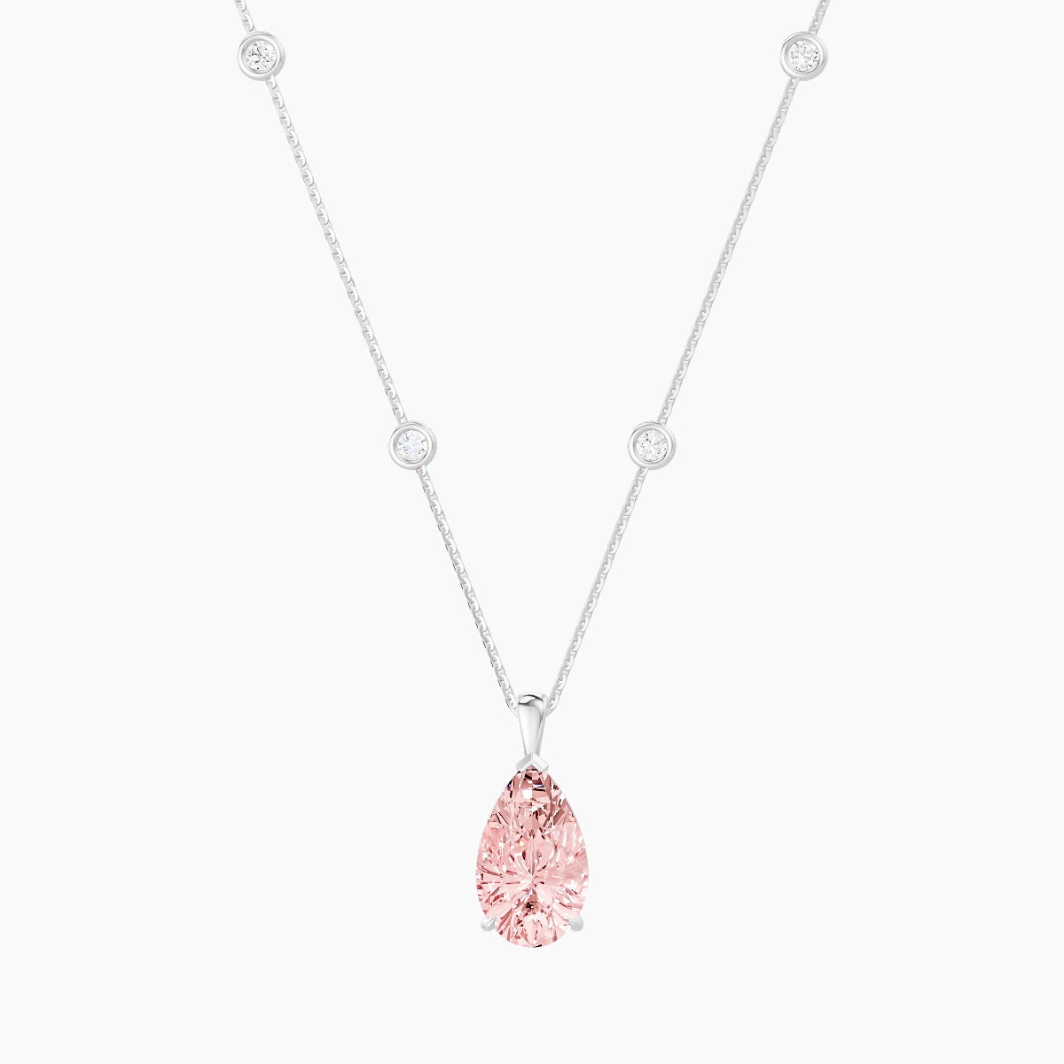 Hanging Solitaire with Sautoir | 18k White Gold 3 ct Pink Lab Diamond Pear Pendant