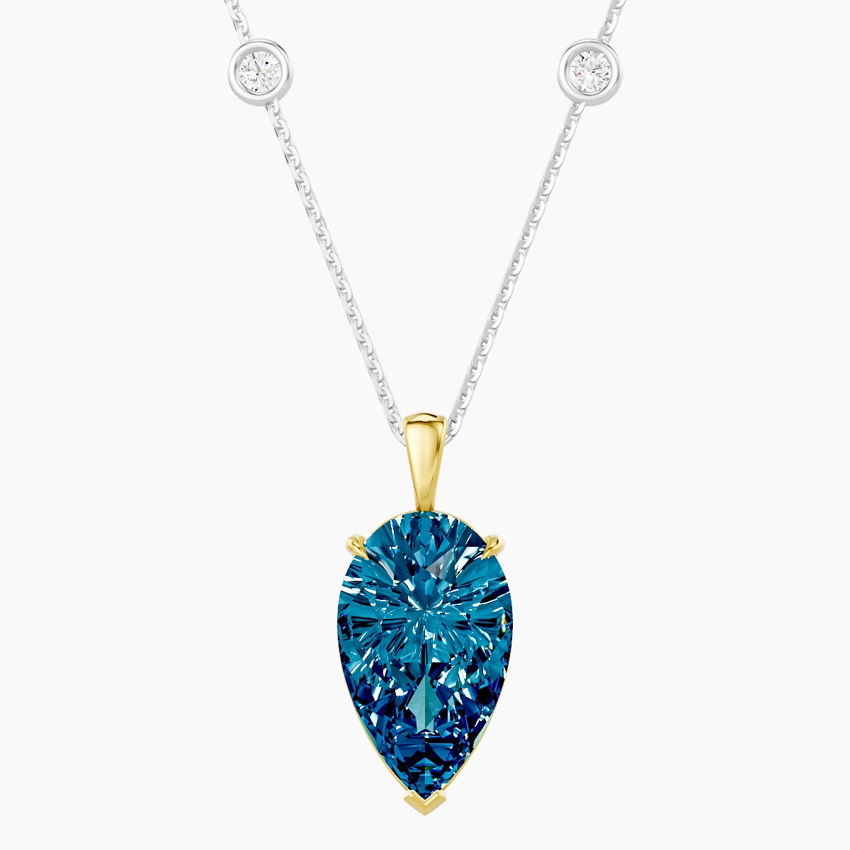 Hanging Solitaire with Sautoir | 18k White & Yellow Gold 5 ct Blue Lab Diamond Pear Pendant