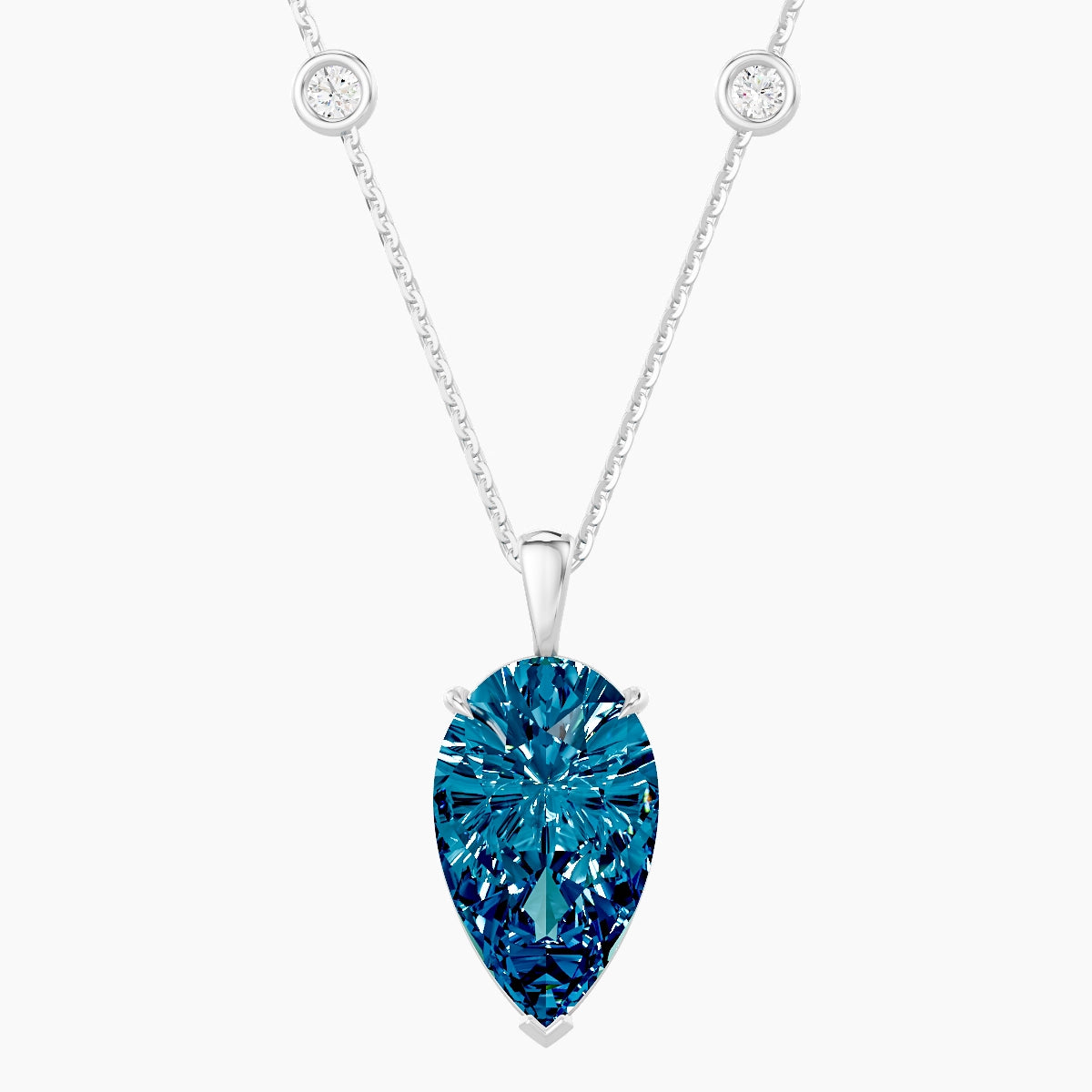 Hanging Solitaire with Sautoir | 18k White Gold 5 ct Blue Lab Diamond Pear Pendant