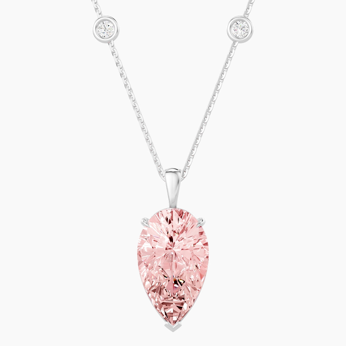 Hanging Solitaire with Sautoir | 18k White Gold 5 ct Pink Lab Diamond Pear Pendant