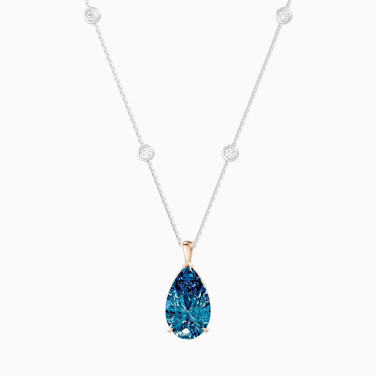 Hanging Solitaire with Sautoir | 18k White & Rose Gold 5 ct Blue Lab Diamond Pear Pendant
