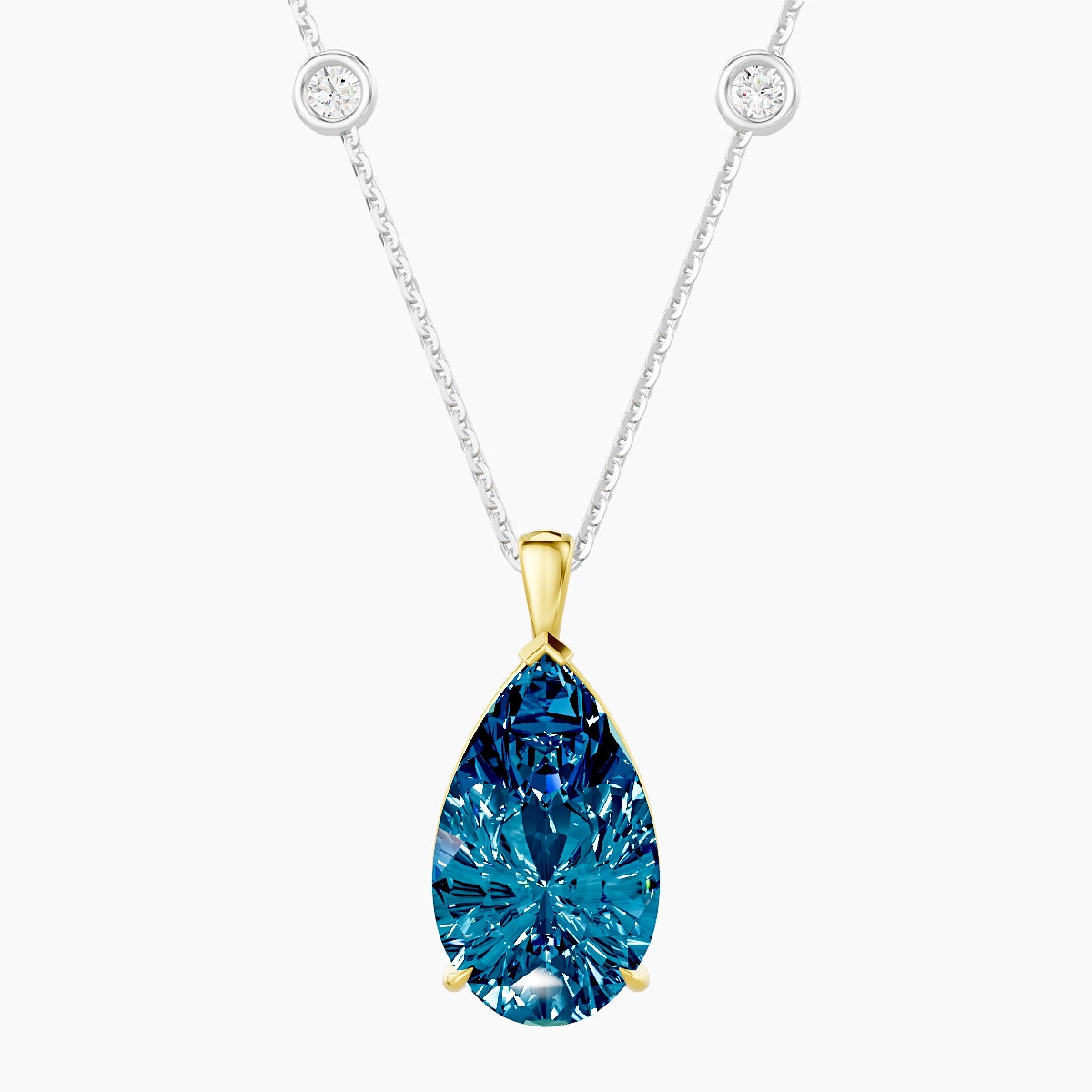 Hanging Solitaire with Sautoir | 18k White & Yellow Gold 5 ct Blue Lab Diamond Pear Pendant