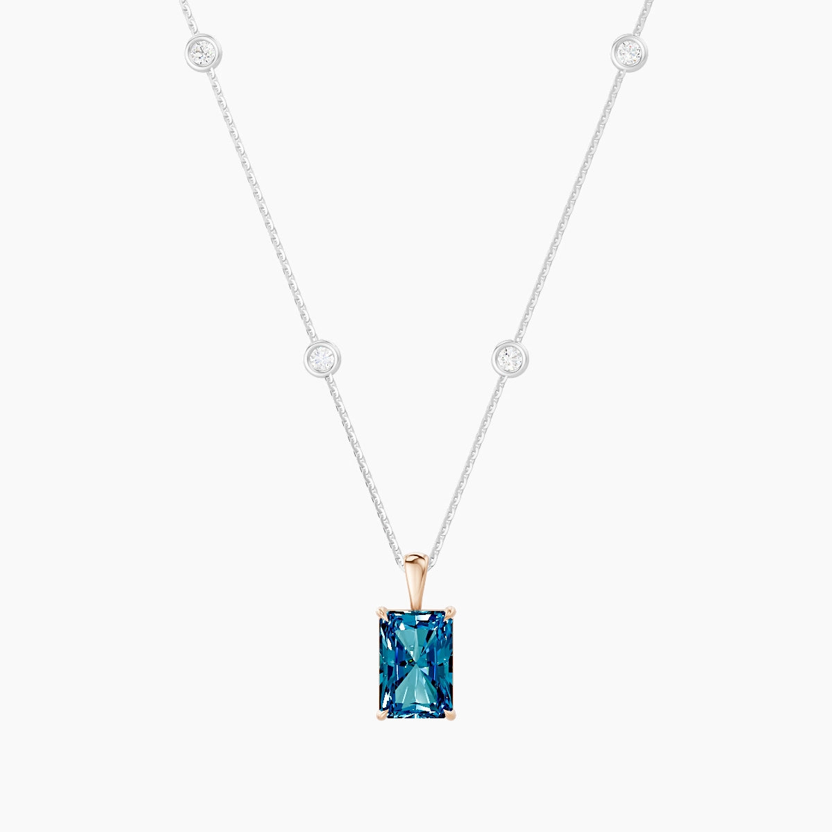 Hanging Solitaire with Sautoir | 18k White & Rose Gold 3 ct Blue Lab Diamond Radiant Pendant