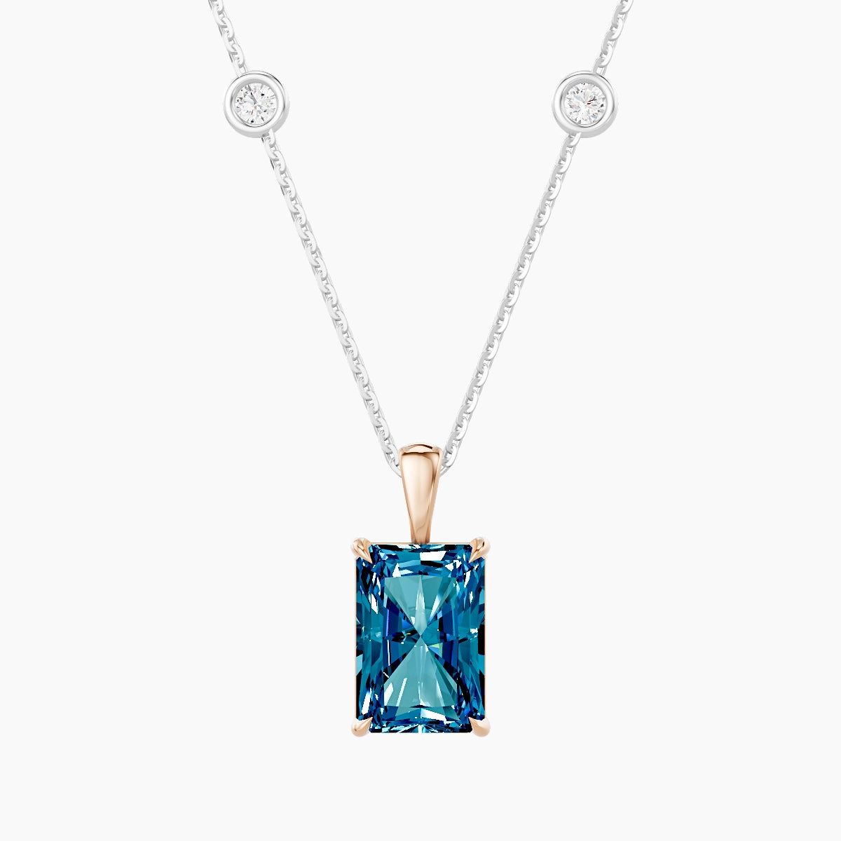 Hanging Solitaire with Sautoir | 18k White & Rose Gold 3 ct Blue Lab Diamond Radiant Pendant