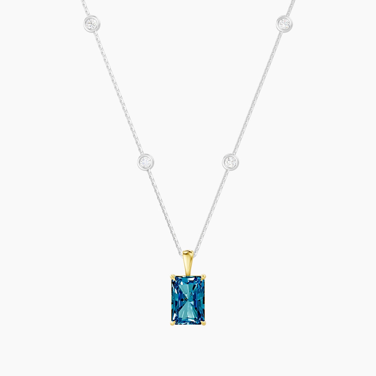 Hanging Solitaire with Sautoir | 18k White & Yellow Gold 3 ct Blue Lab Diamond Radiant Pendant