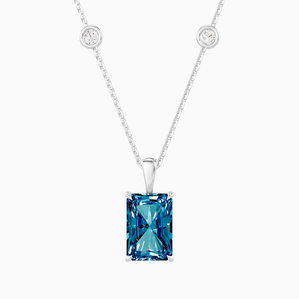 Hanging Solitaire with Sautoir | 18k White Gold 3 ct Blue Lab Diamond Radiant Pendant