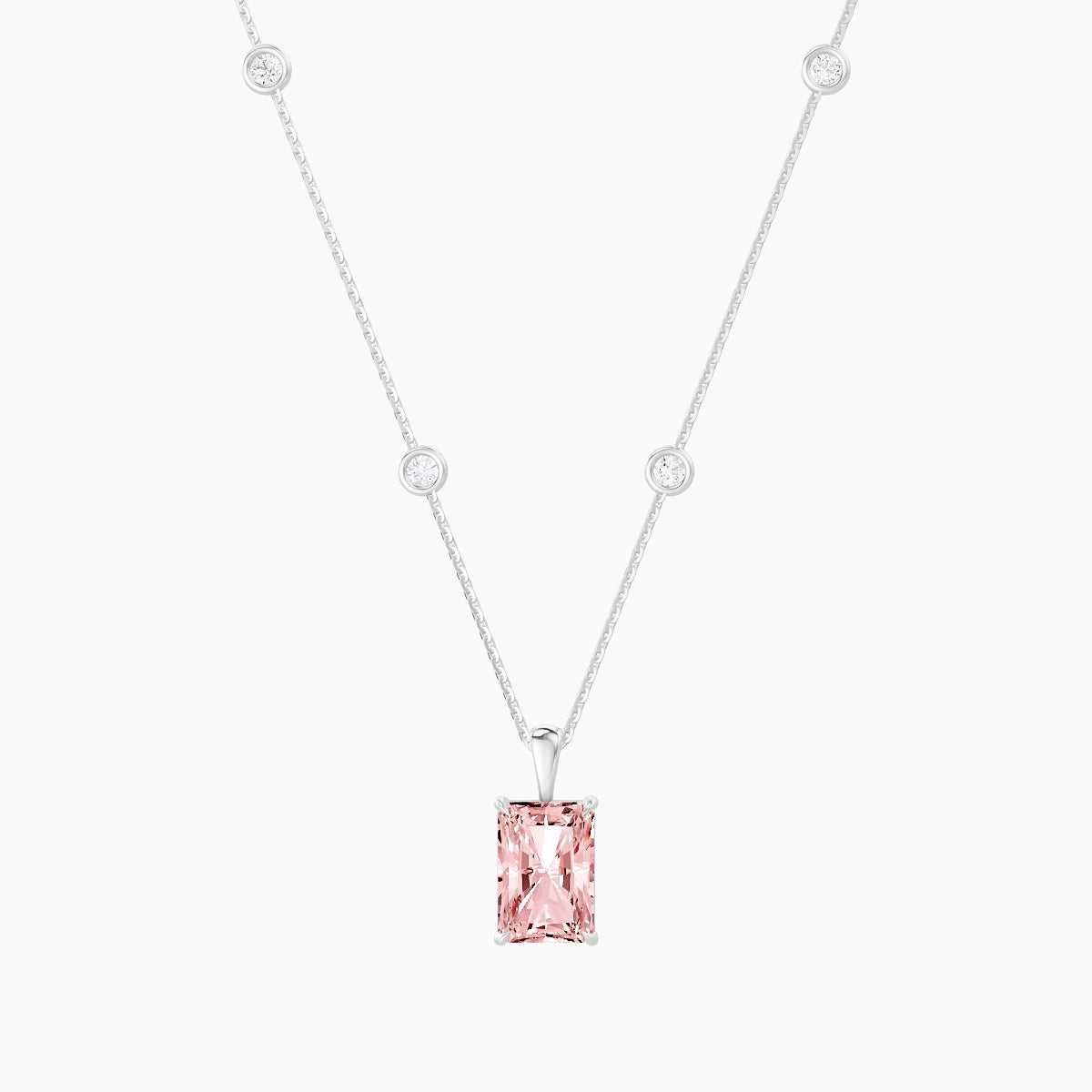 Hanging Solitaire with Sautoir | 18k White Gold 3 ct Pink Lab Diamond Radiant Pendant