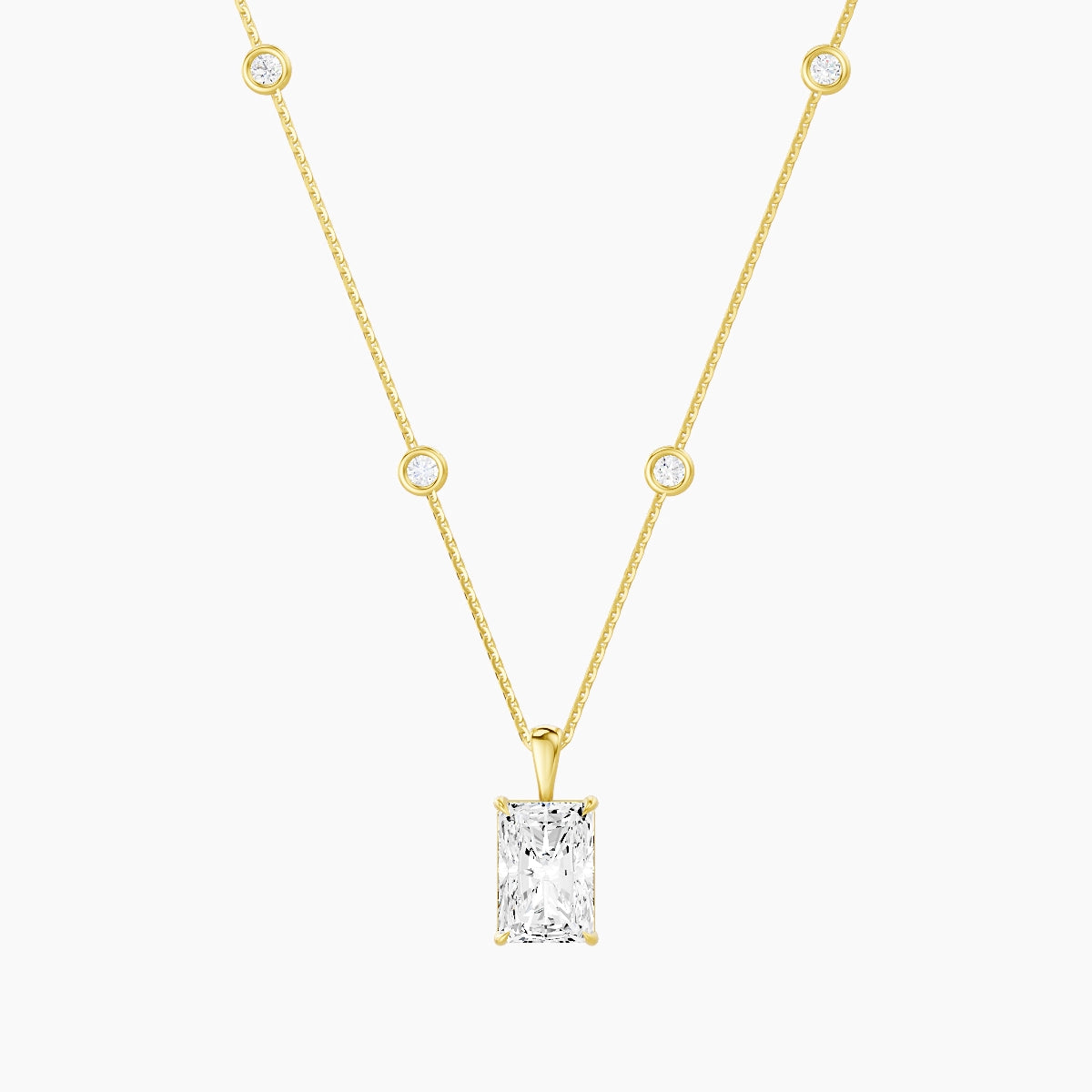 Hanging Solitaire with Sautoir | 18k Yellow Gold 3 ct White Lab Diamond Radiant Pendant