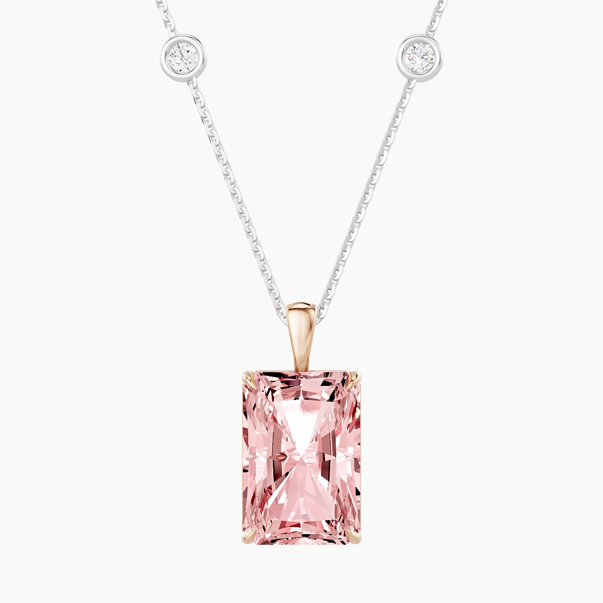 Hanging Solitaire with Sautoir | 18k White & Rose Gold 5 ct Pink Lab Diamond Radiant Pendant