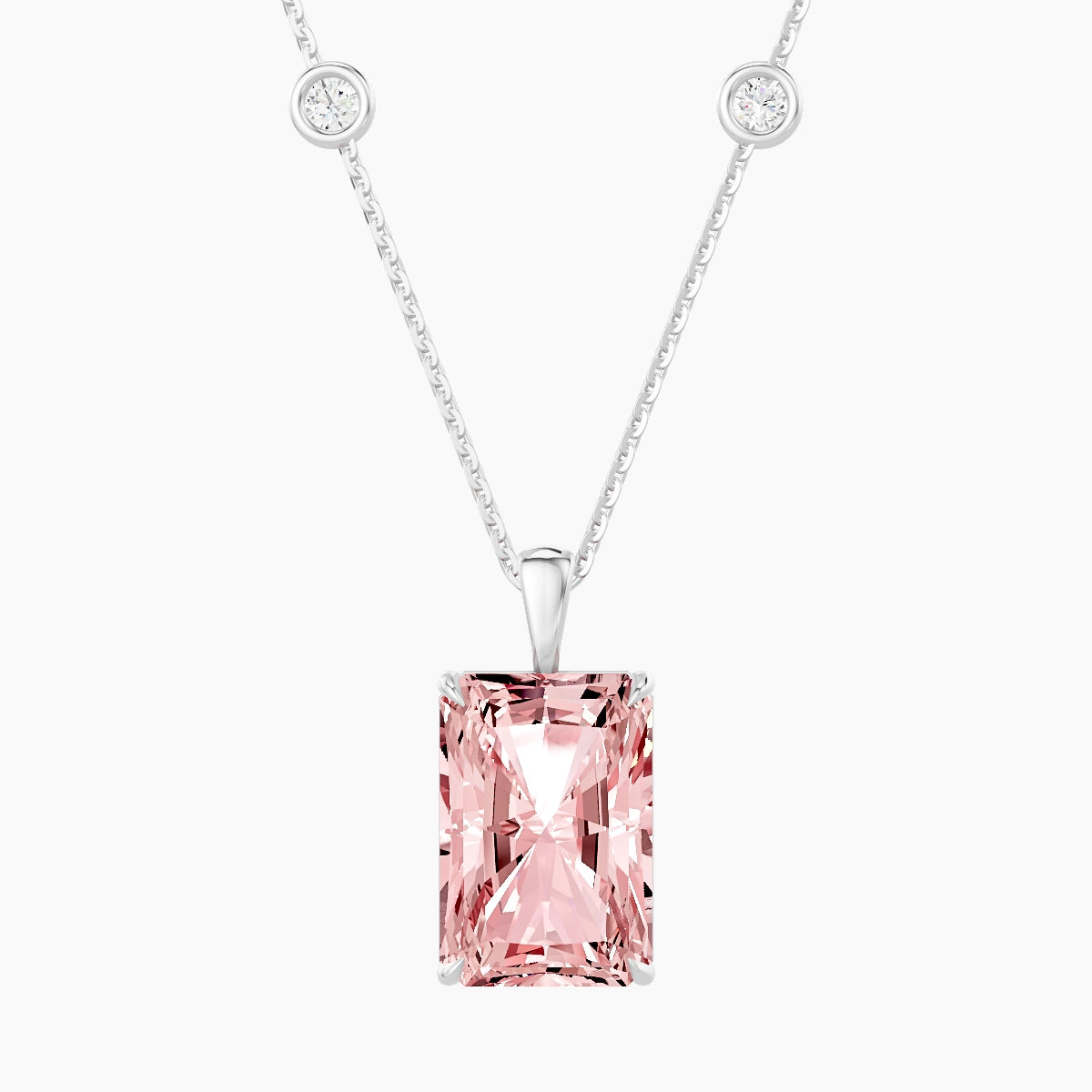 Hanging Solitaire with Sautoir | 18k White Gold 5 ct Pink Lab Diamond Radiant Pendant