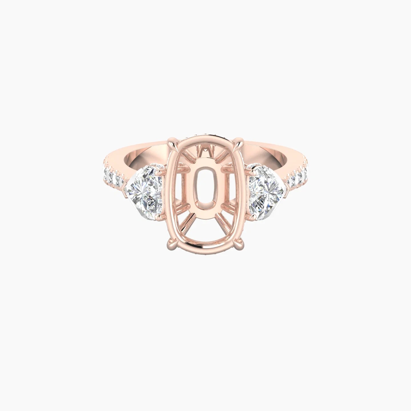 Heart Trilogy with Reverse Shank | 18k Rose Gold 5-7.99 ct Cushion Cut Ring Setting