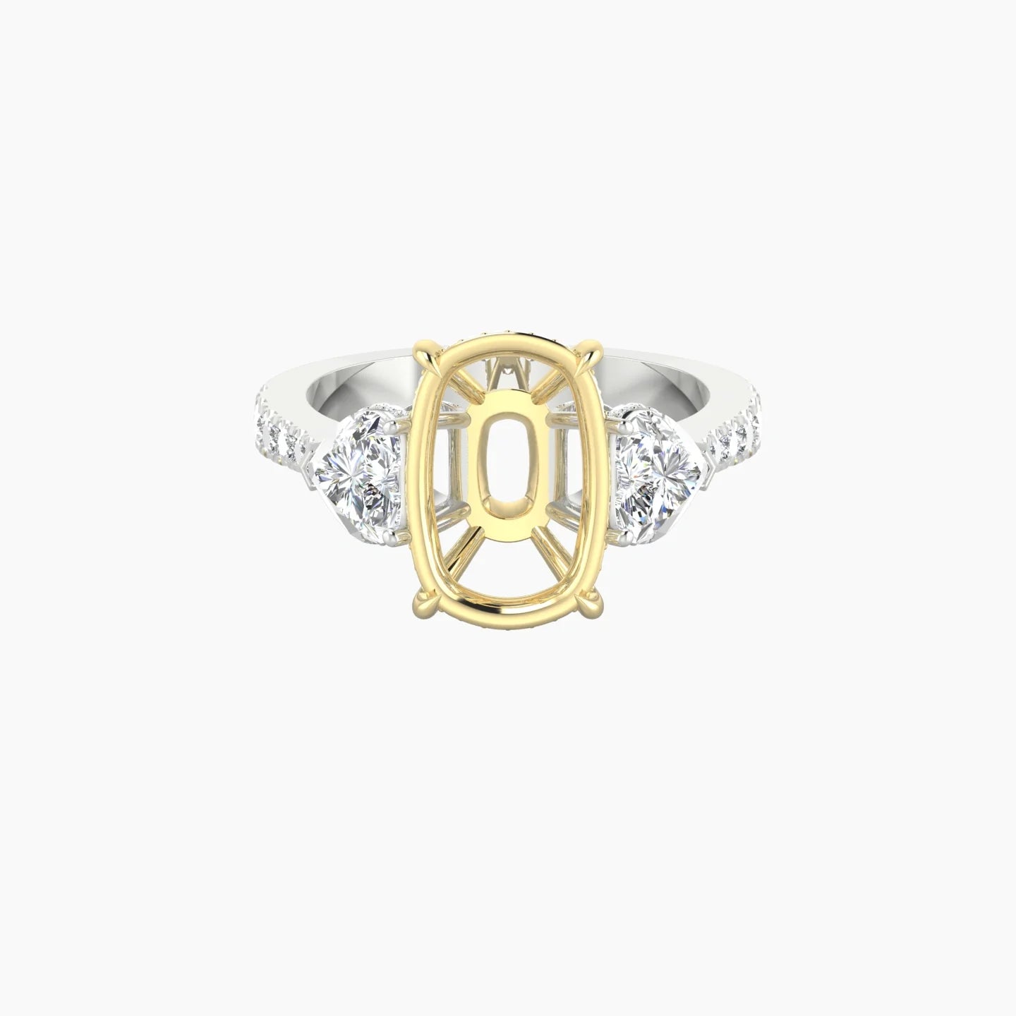 Heart Trilogy with Reverse Shank | 18k White & Yellow Gold 5-7.99 ct Cushion Cut Ring Setting
