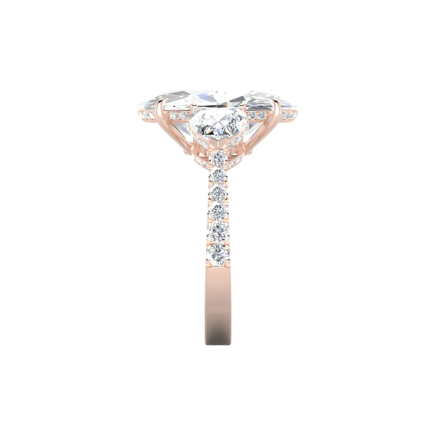 Intricate Heart Trilogy with Reverse Shank | 18k Rose Gold 5 ct Oval White Lab Diamond Ring