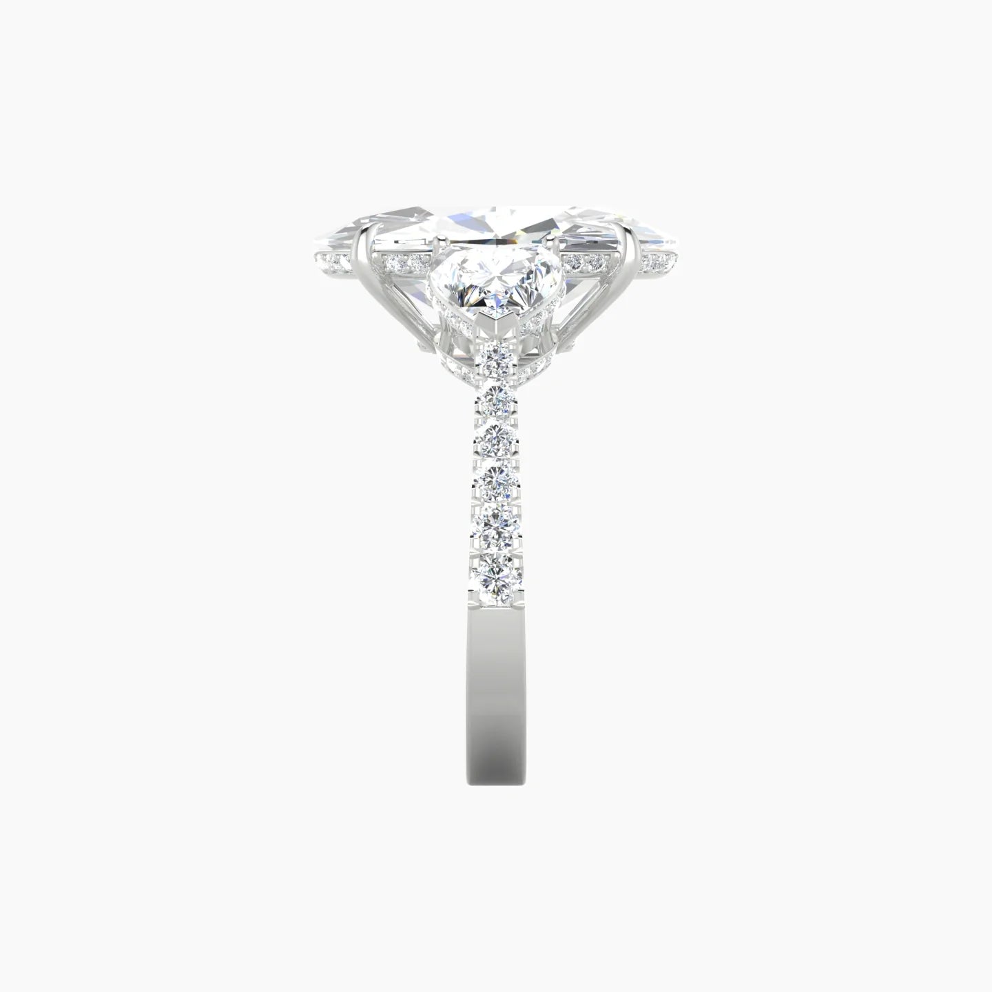 Intricate Heart Trilogy with Reverse Shank | 18k White Gold 5 ct Oval Blue Lab Diamond Ring