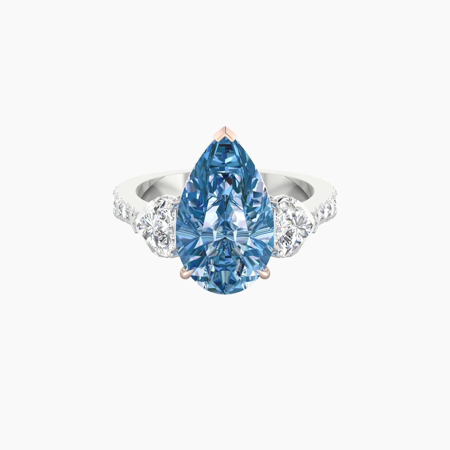 Intricate Heart Trilogy with Reverse Shank | 18k White & Rose Gold 5 ct Pear Blue Lab Diamond Ring
