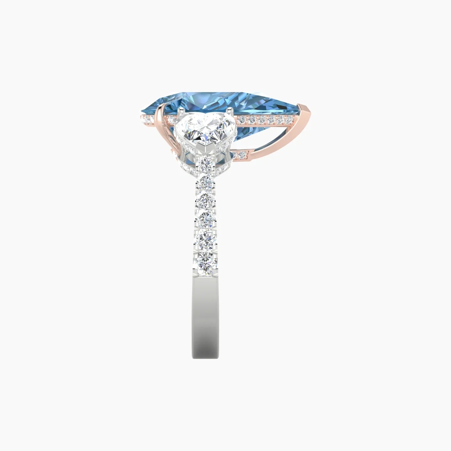 Intricate Heart Trilogy with Reverse Shank | 18k White & Rose Gold 5 ct Pear Blue Lab Diamond Ring