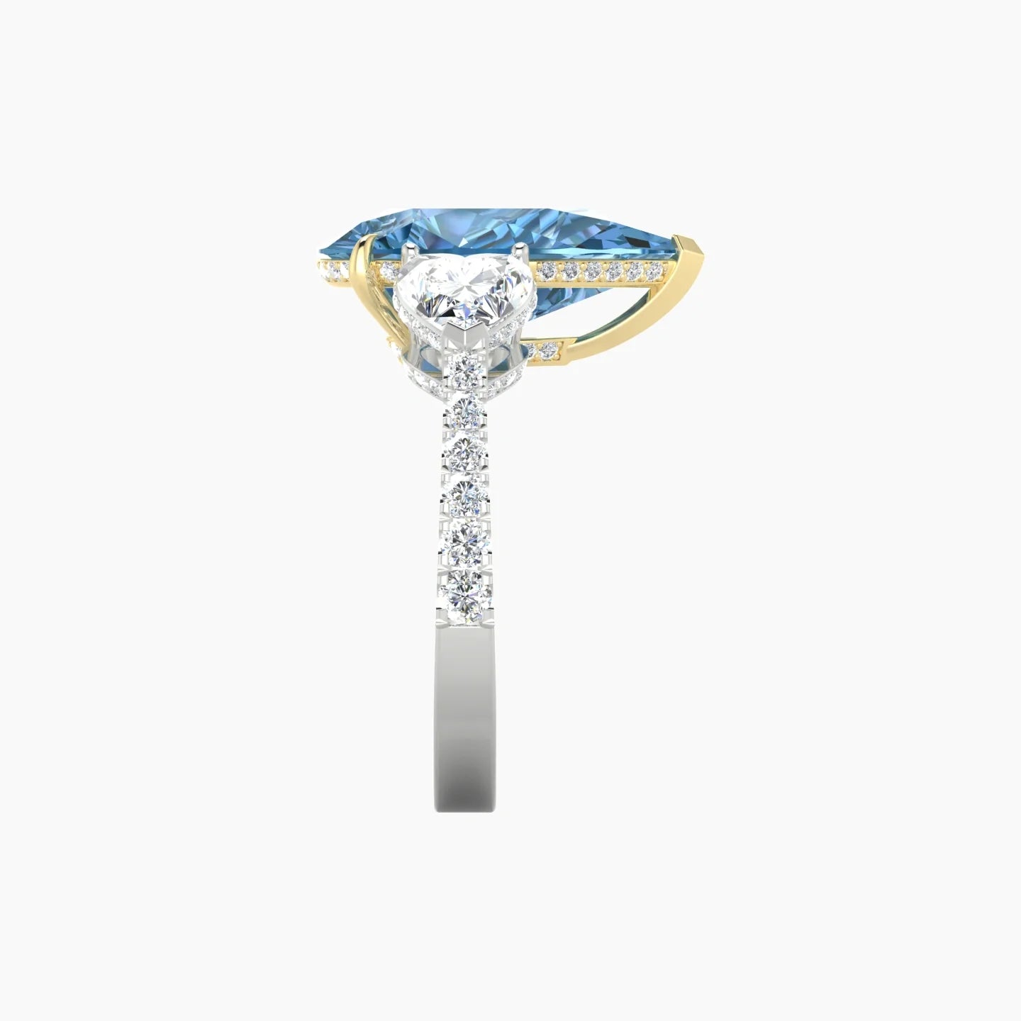 Intricate Heart Trilogy with Reverse Shank | 18k White & Yellow Gold 5 ct Pear Blue Lab Diamond Ring