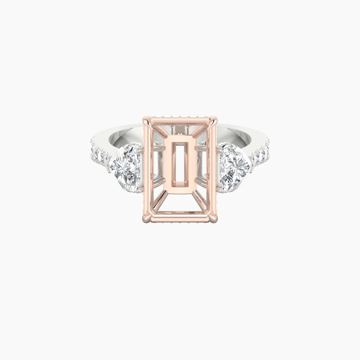 Heart Trilogy with Reverse Shank | 18k White & Rose Gold 5-7.99 ct Radiant Cut Ring Setting