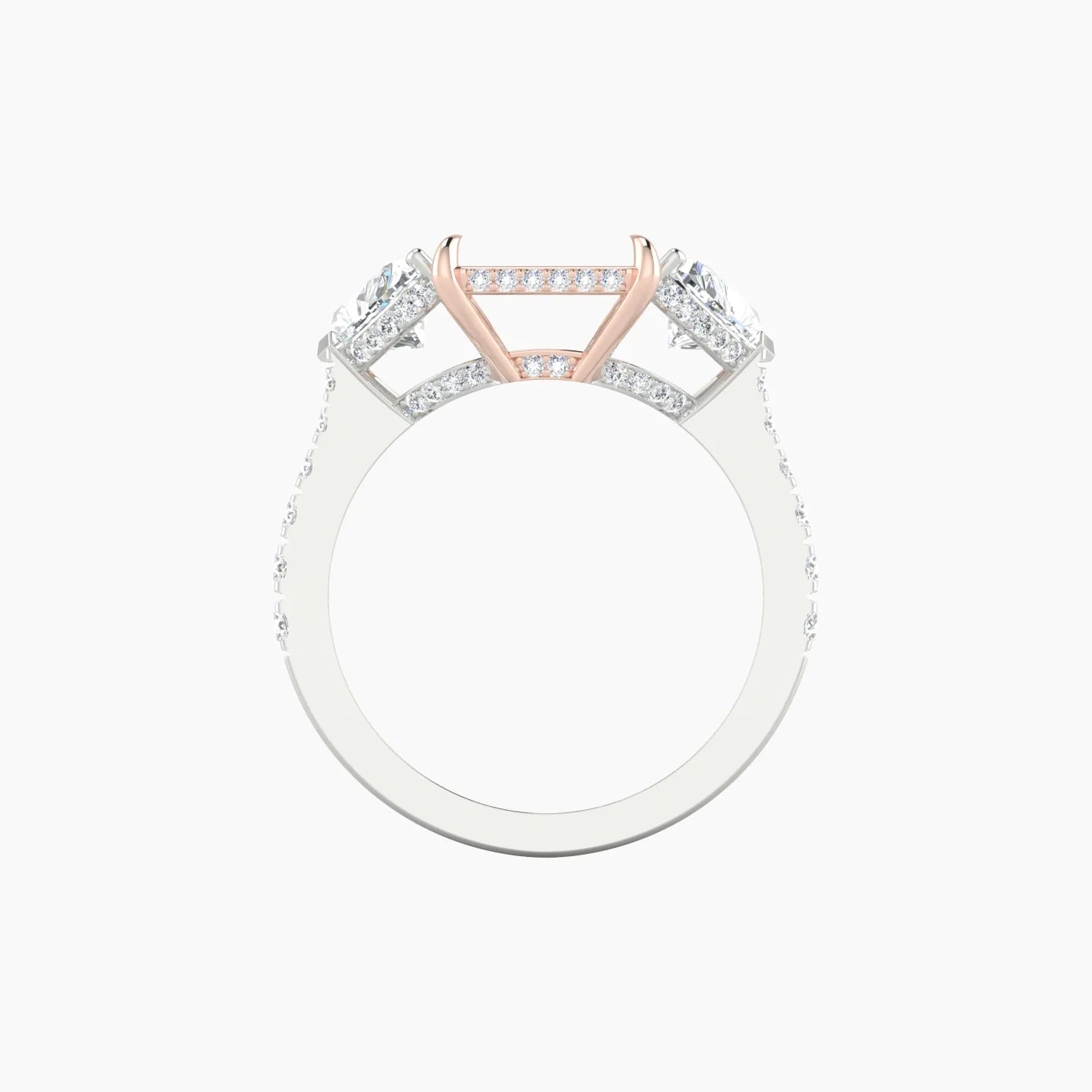 Heart Trilogy with Reverse Shank | 18k White & Rose Gold 5-7.99 ct Radiant Cut Ring Setting