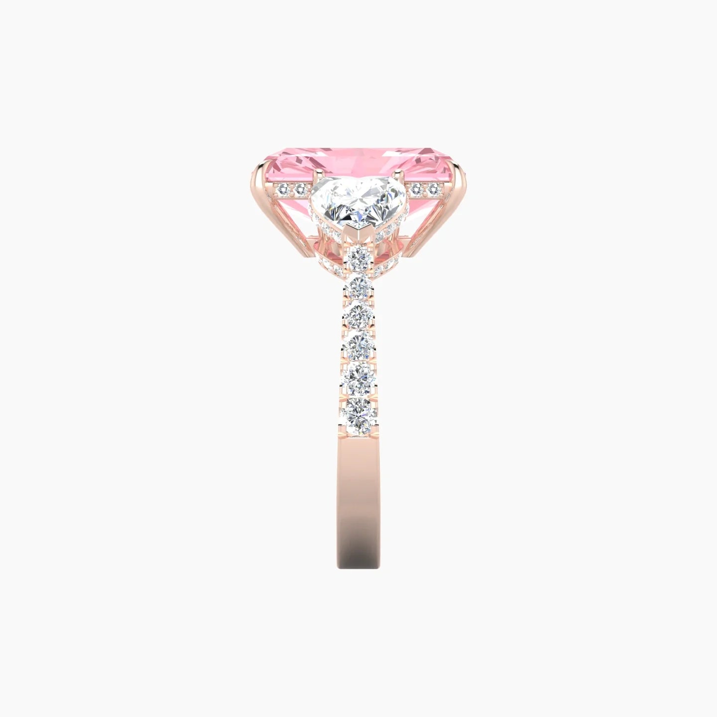 Intricate Heart Trilogy with Reverse Shank | 18k Rose Gold 5 ct Radiant White Lab Diamond Ring
