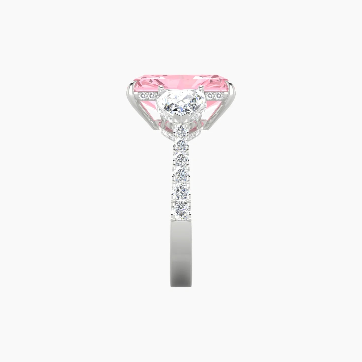 Intricate Heart Trilogy with Reverse Shank | 18k White Gold 5 ct Radiant Blue Lab Diamond Ring