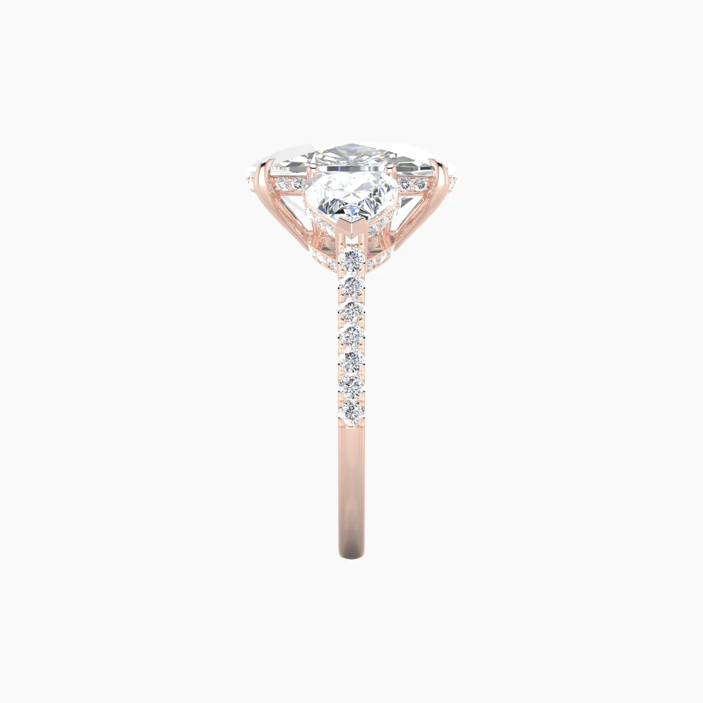 Intricate Heart Trilogy with Straight Shank | 18k Rose Gold 5 ct Cushion White Lab Diamond Ring