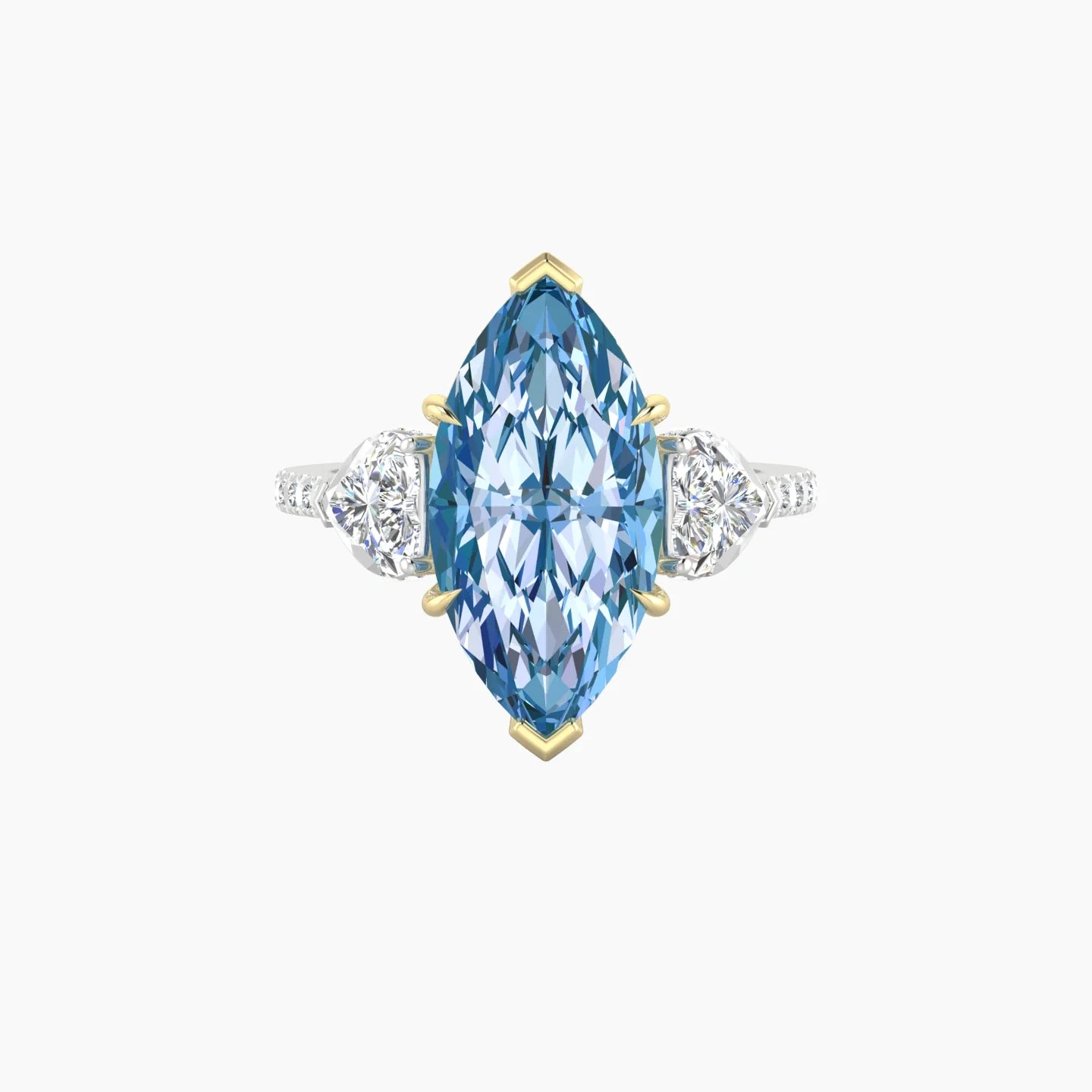 Intricate Heart Trilogy with Straight Shank | 18k White & Yellow Gold 5 ct Marquise Blue Lab Diamond Ring