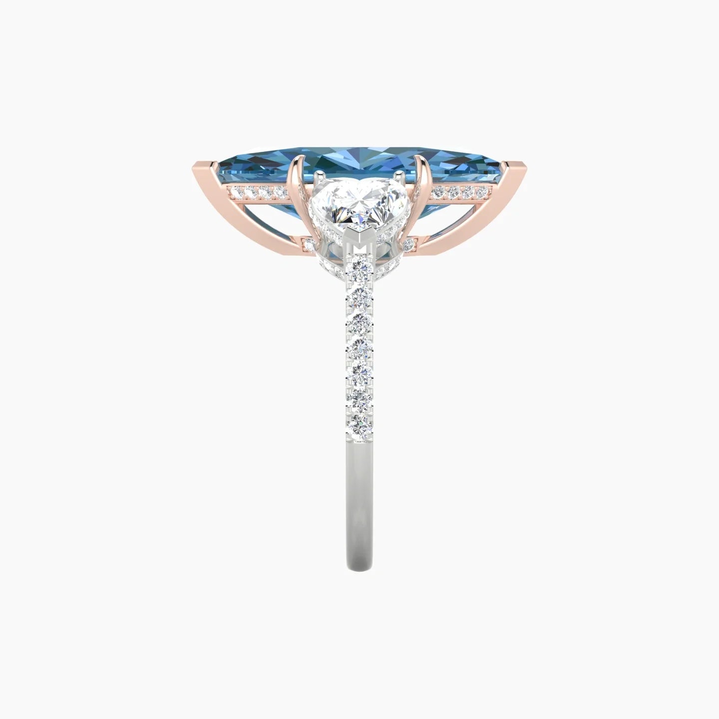 Intricate Heart Trilogy with Straight Shank | 18k White & Rose Gold 5 ct Marquise Blue Lab Diamond Ring