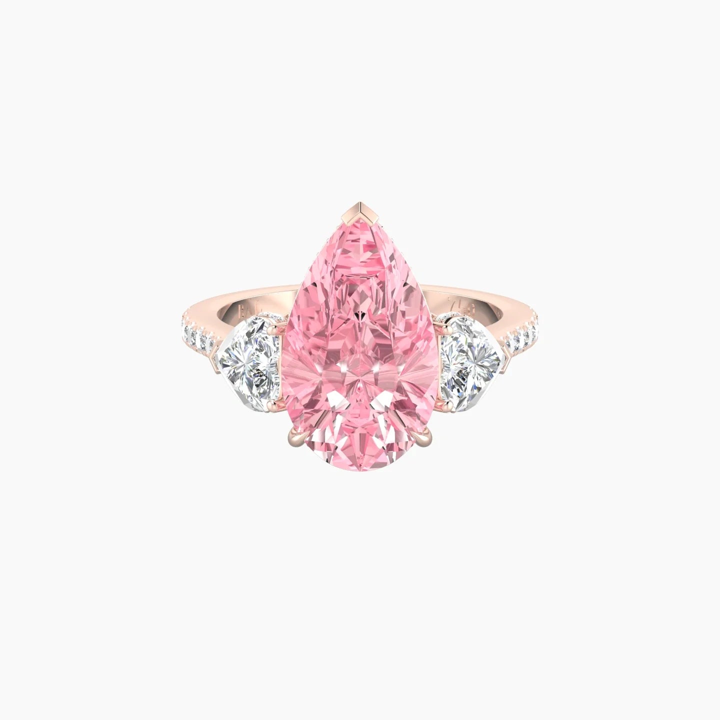 Intricate Heart Trilogy with Straight Shank | 18k Rose Gold 5 ct Pear White Lab Diamond Ring