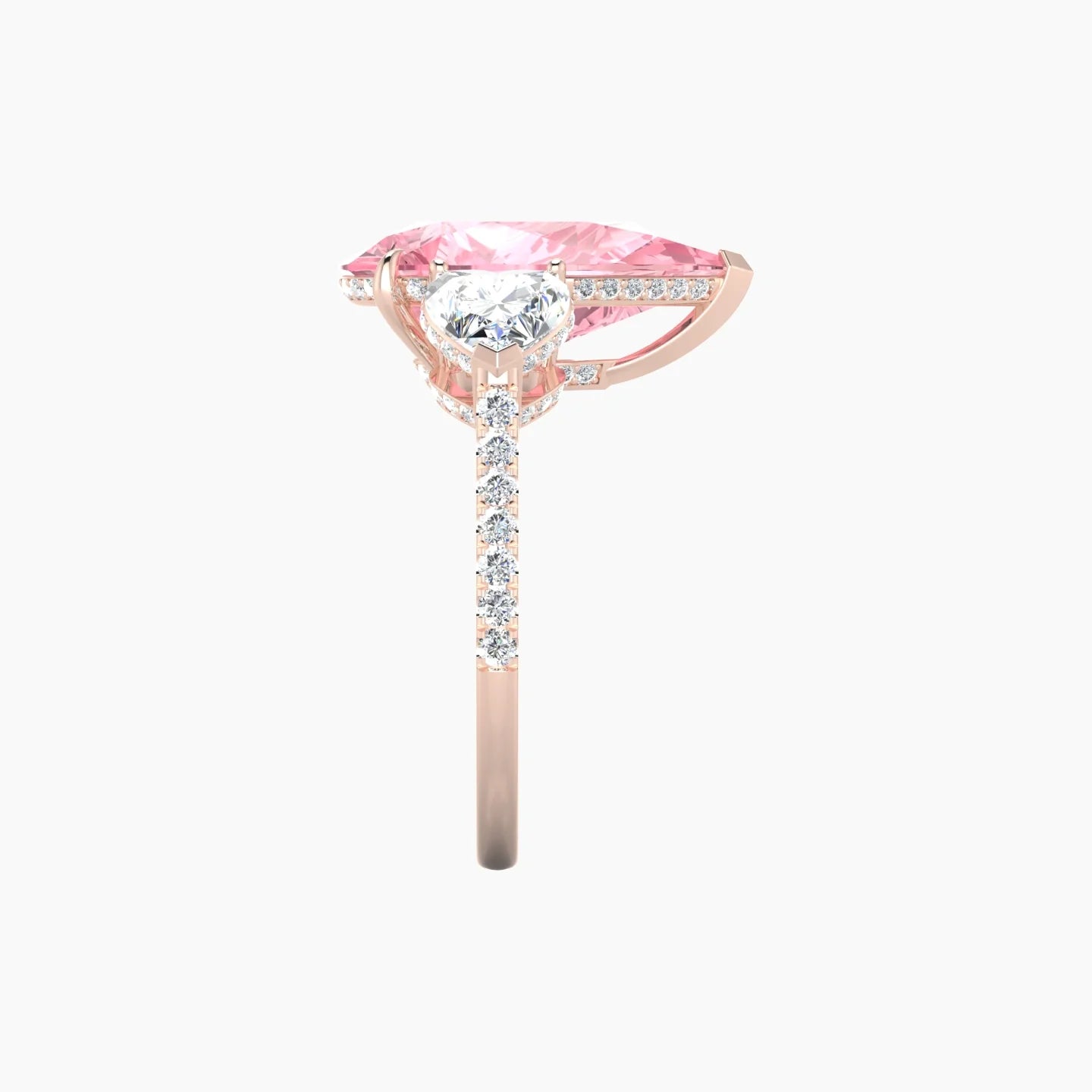 Intricate Heart Trilogy with Straight Shank | 18k Rose Gold 5 ct Pear White Lab Diamond Ring