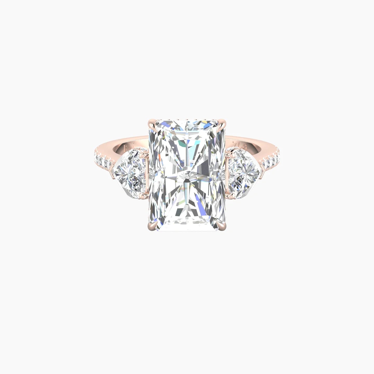 Intricate Heart Trilogy with Straight Shank | 18k Rose Gold 5 ct Radiant White Lab Diamond Ring