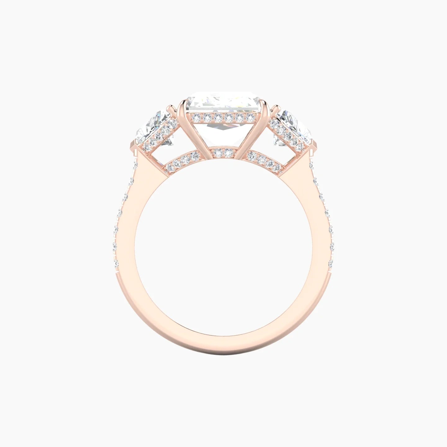 Intricate Heart Trilogy with Straight Shank | 18k Rose Gold 5 ct Radiant White Lab Diamond Ring