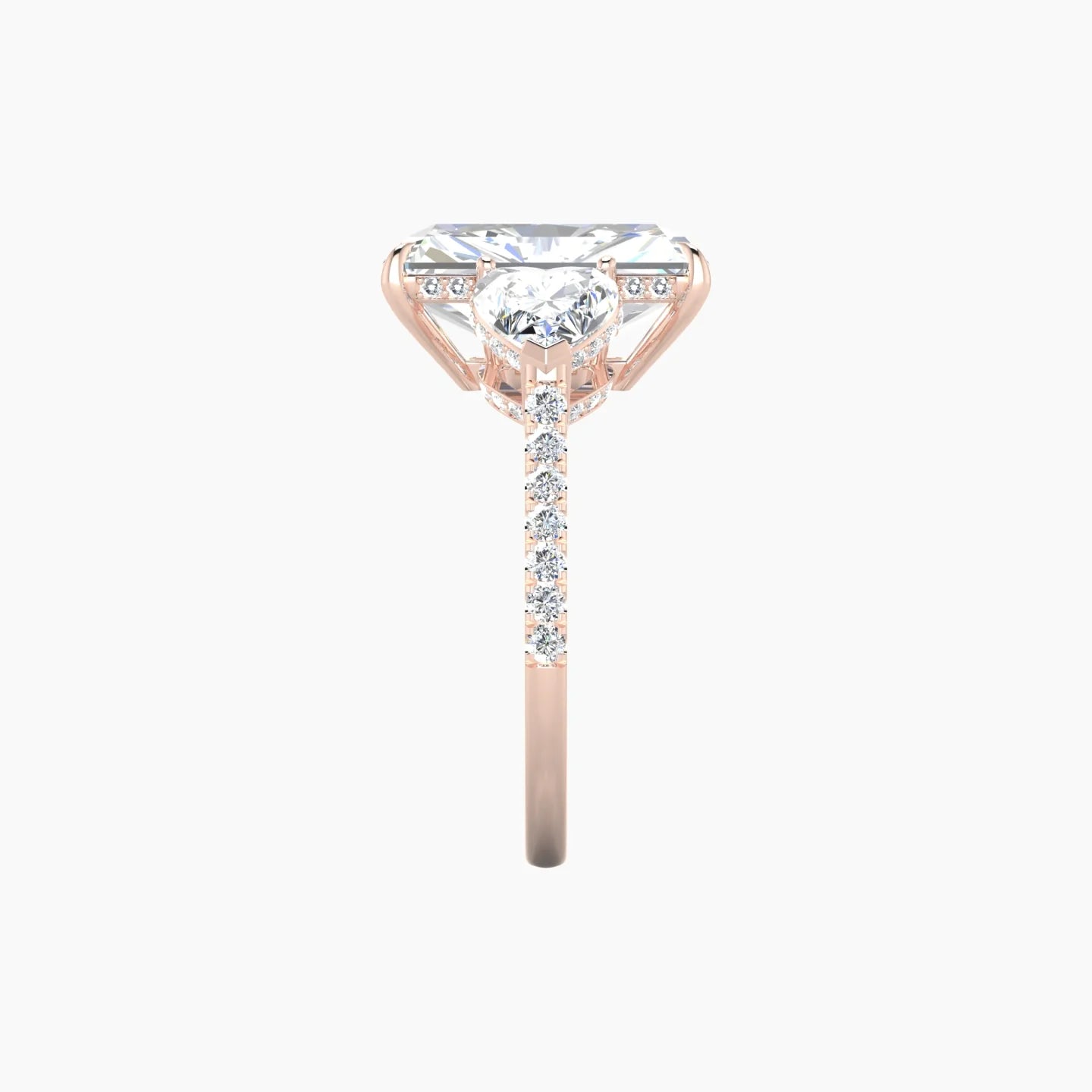 Intricate Heart Trilogy with Straight Shank | 18k Rose Gold 5 ct Radiant White Lab Diamond Ring