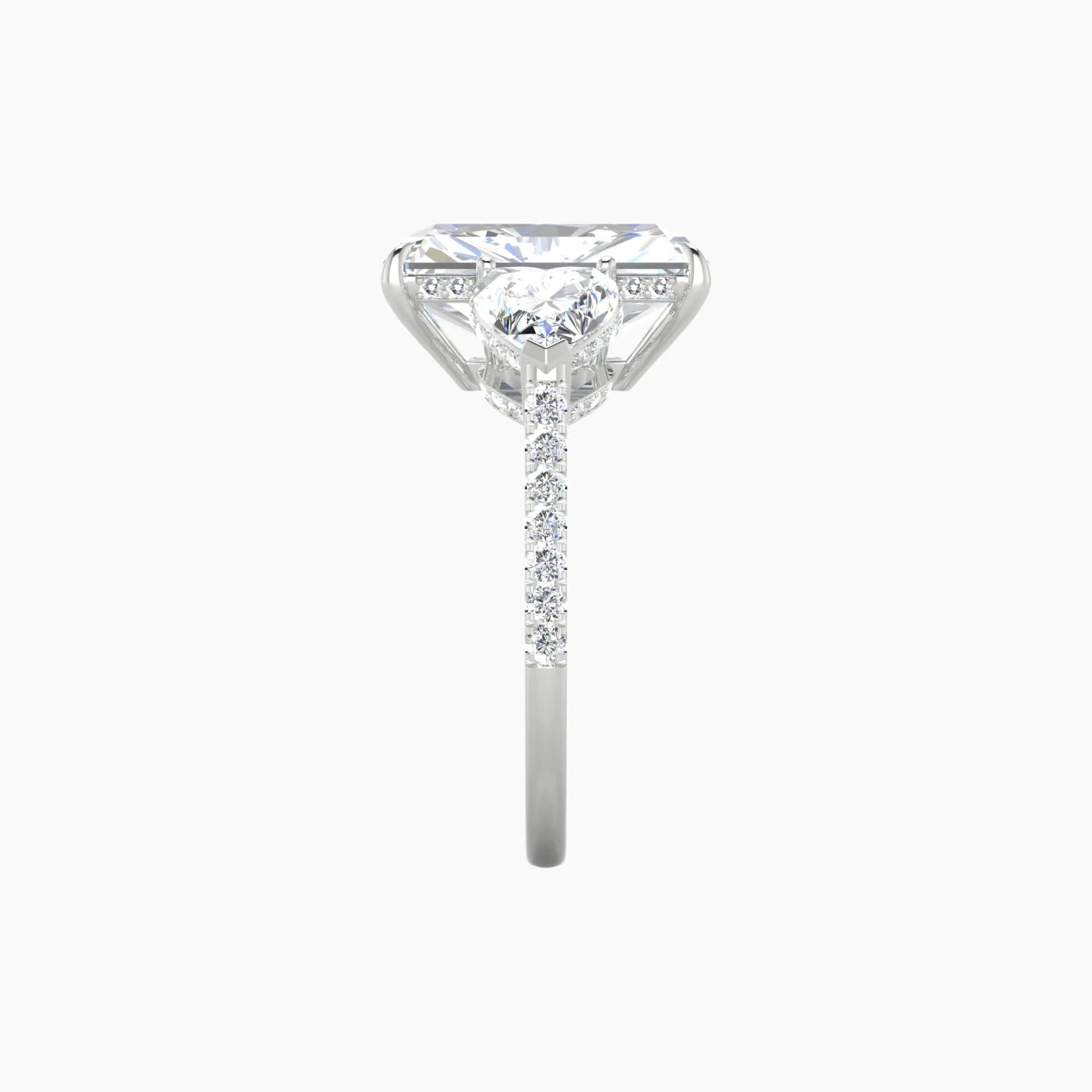 Intricate Heart Trilogy with Straight Shank | 18k White Gold 5 ct Radiant Blue Lab Diamond Ring