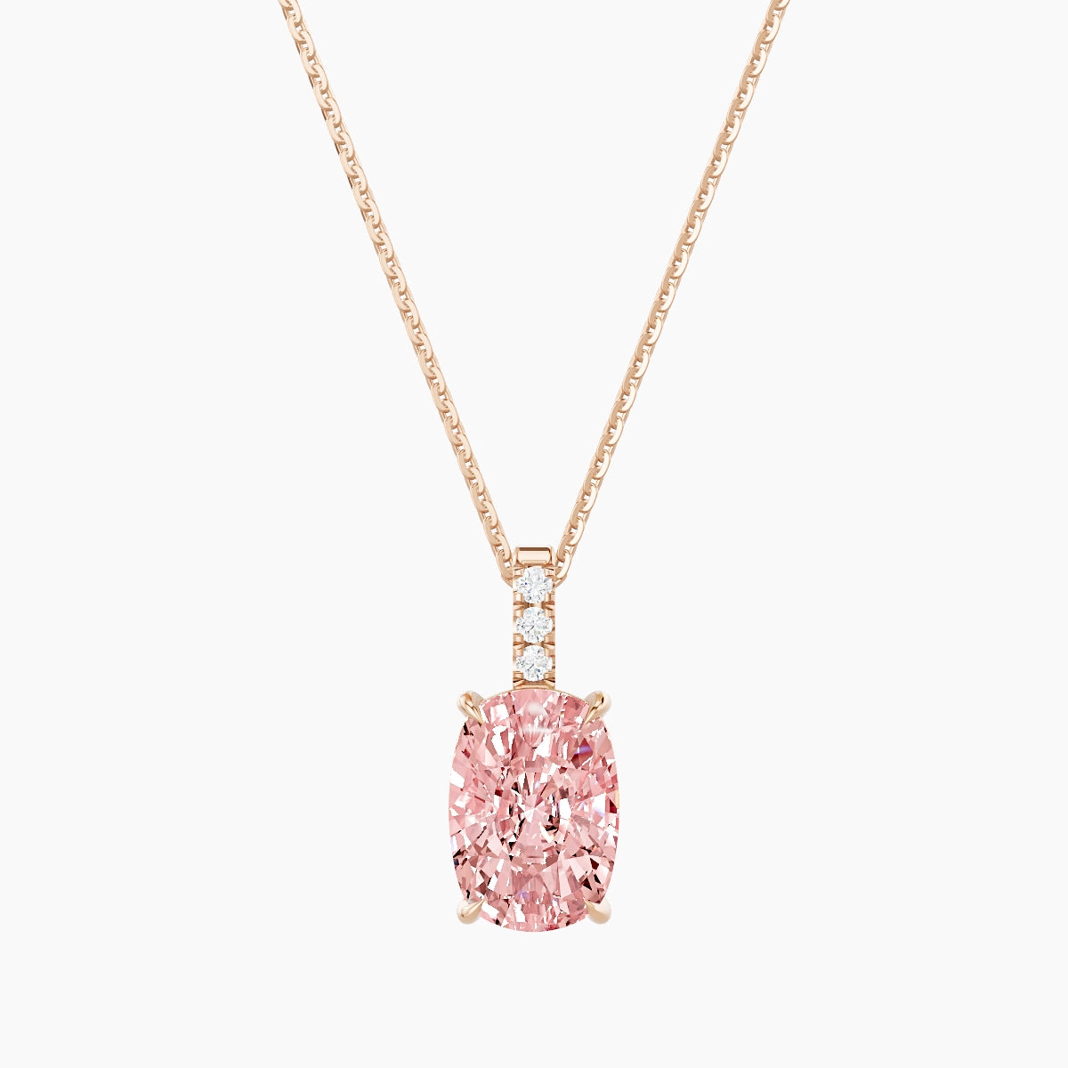 Paved Hanging Solitaire | 18k Rose Gold 3 ct Pink Lab Diamond Cushion Pendant