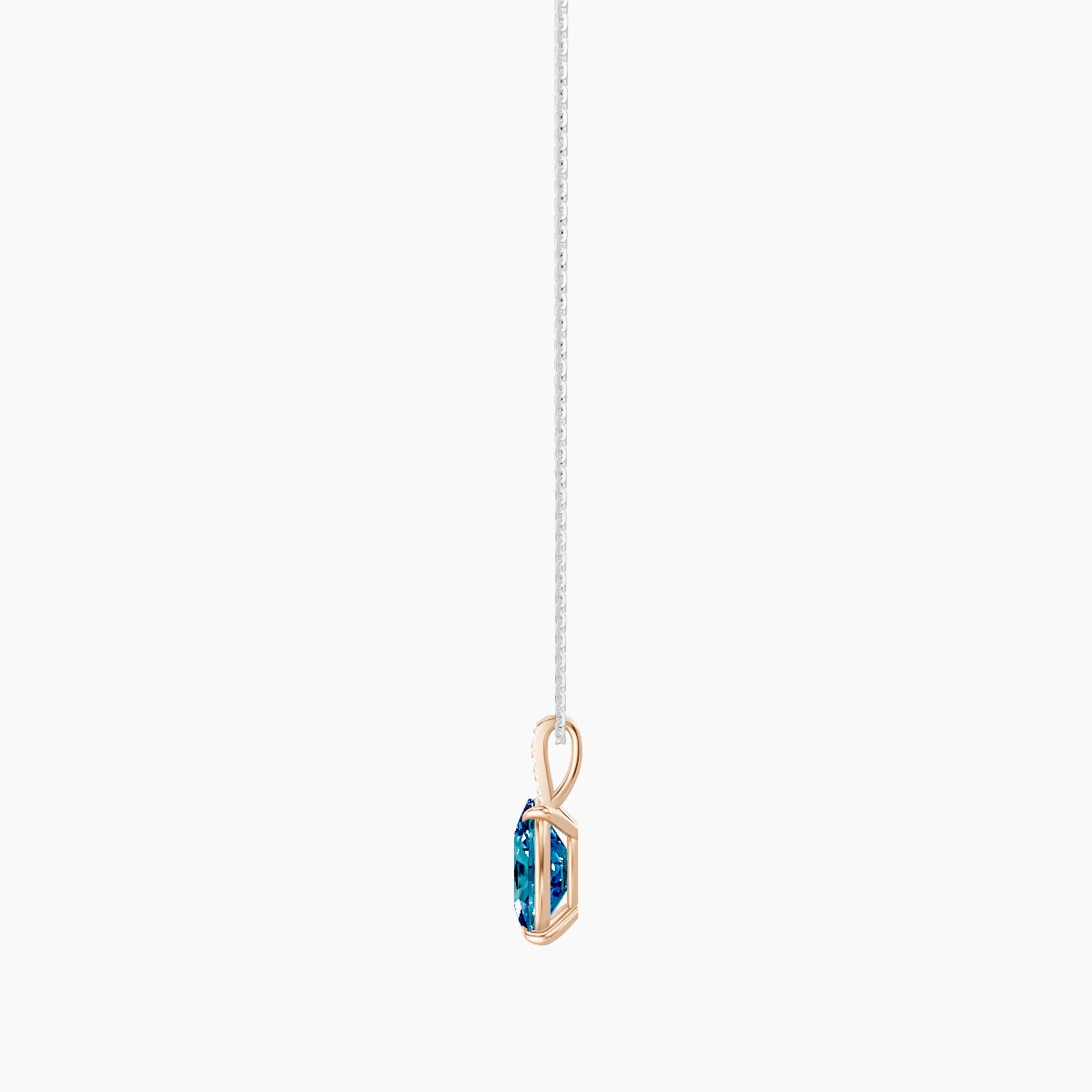 Paved Hanging Solitaire | 18k White & Rose Gold 3 ct Blue Lab Diamond Cushion Pendant
