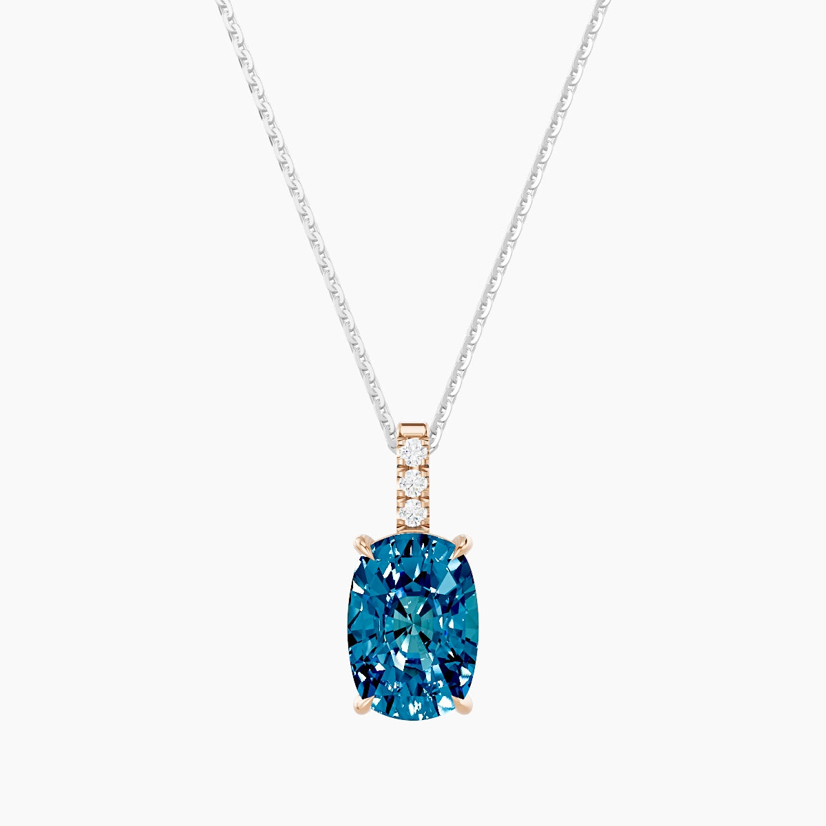 Paved Hanging Solitaire | 18k White & Rose Gold 3 ct Blue Lab Diamond Cushion Pendant