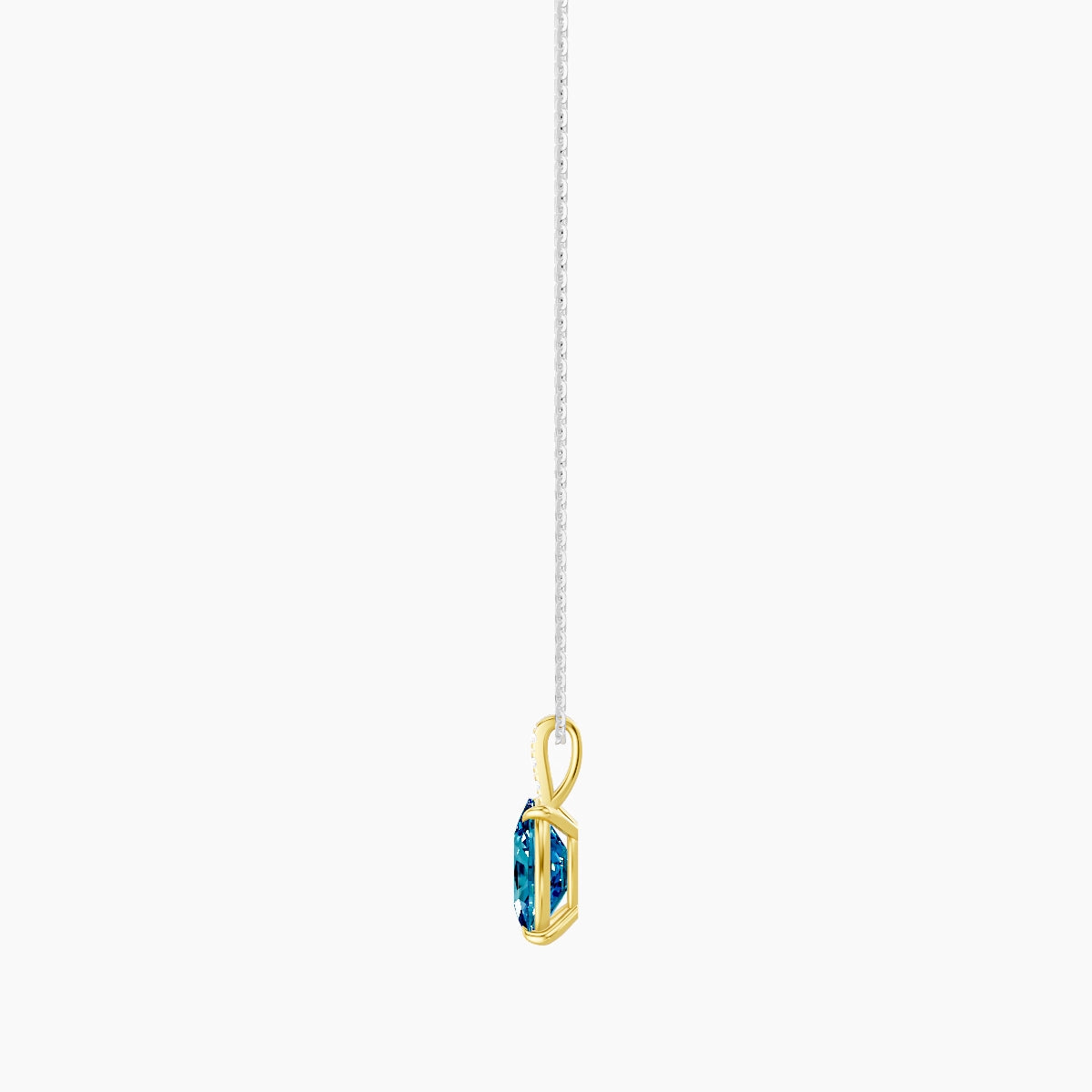 Paved Hanging Solitaire | 18k White & Yellow Gold 3 ct Blue Lab Diamond Cushion Pendant