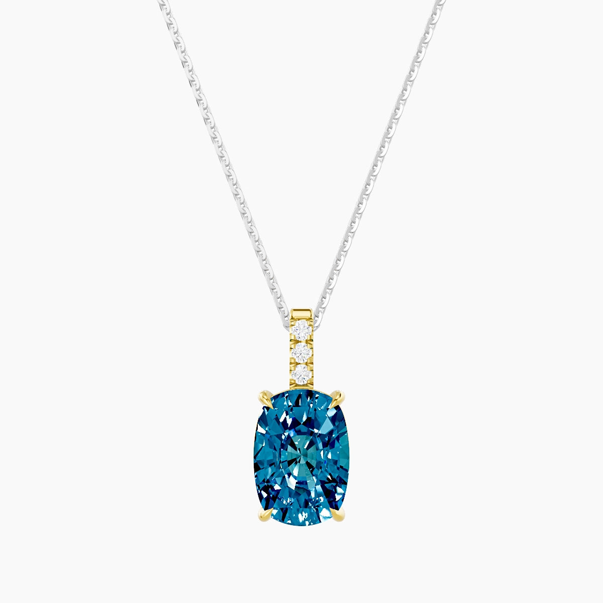 Paved Hanging Solitaire | 18k White & Yellow Gold 3 ct Blue Lab Diamond Cushion Pendant