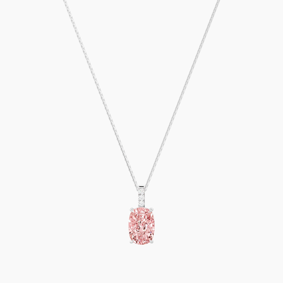 Paved Hanging Solitaire | 18k White Gold 3 ct Pink Lab Diamond Cushion Pendant
